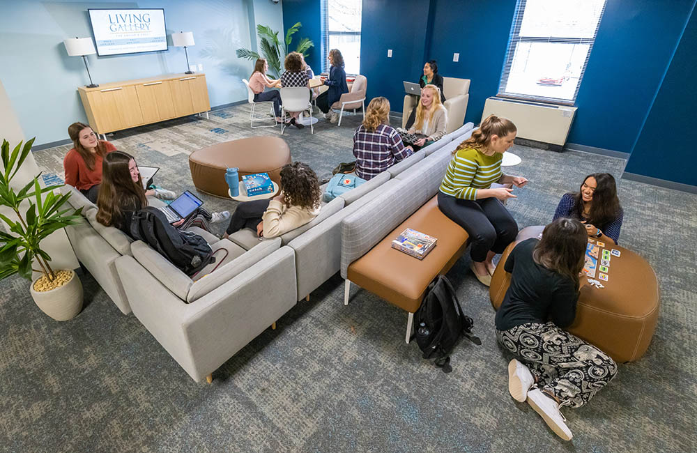 Students utilizing the new study space in Mary Gaston Residents Hall, Campus Life, Bob Jones University, Greenville, SC, April 3, 2023 (Derek Eckenroth)