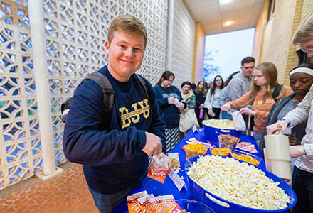 Students gather for a movie night featuring Courageous in Stratton Hall during Bruins Daze Week at Bob Jones University